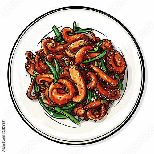 Spicy Korean stir fried octopus with green onions on plate photo