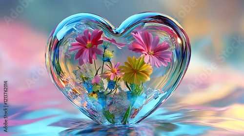 Heart-Shaped Glass Vase Filled with Vibrant Flowers, A stunning close-up of a transparent heart-shaped glass vase overflowing with a variety of colorful flowers.