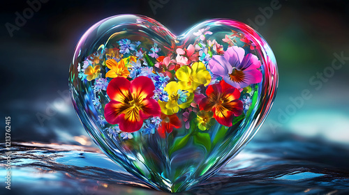 Heart-Shaped Glass Vase Filled with Vibrant Flowers, A stunning close-up of a transparent heart-shaped glass vase overflowing with a variety of colorful flowers.
