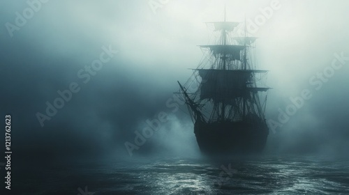 Mysterious sailing ship emerges from dense fog on a dark ocean.