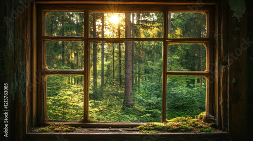 Forest window view sunrise window view scenery nature landscape green tree view window decor wallpaper