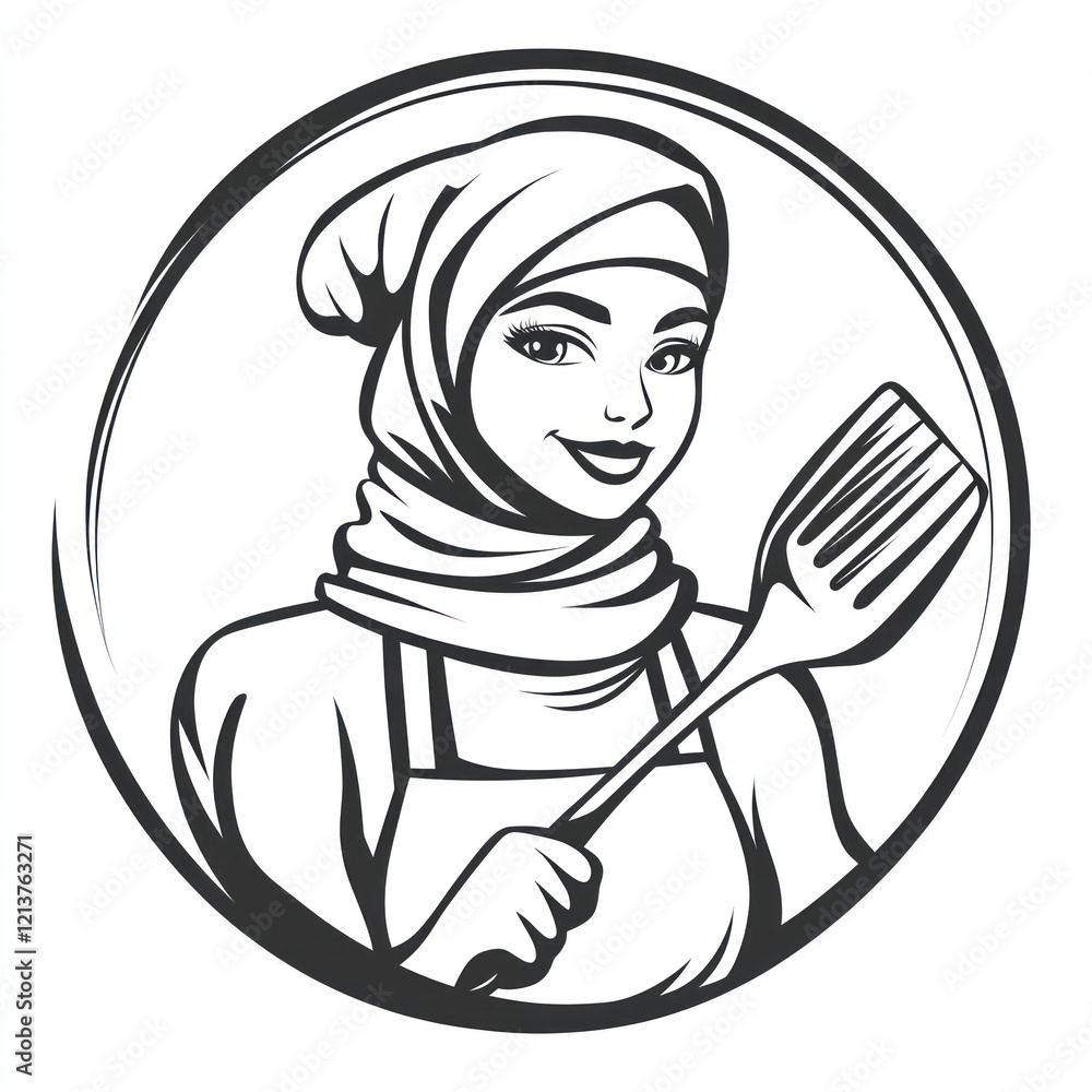 Woman in hijab with spatula, cooking in kitchen. Use food or restaurant service Woman in hijab with spatula, cooking in kitchen. Use food or restaurant service