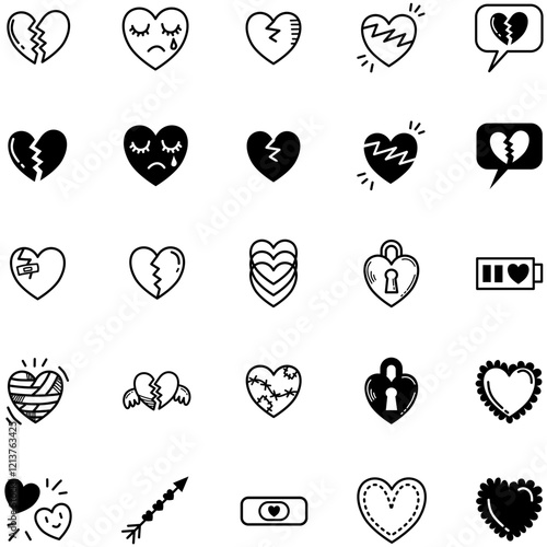 25 heart and heartbreak icon set