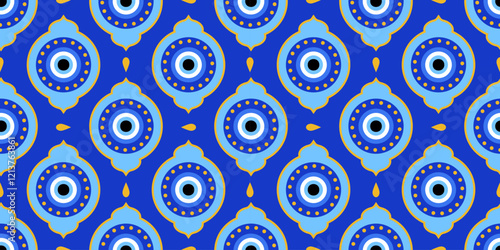 Evil eye seamless pattern. Greek and Turkish blue magic bead. Vector background with nazar - symbol of protection and luck. Mystic and spiritual talisman wallpaper