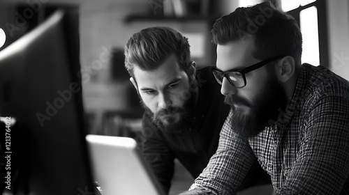 Two Bearded Men Collaborate On Computer Project