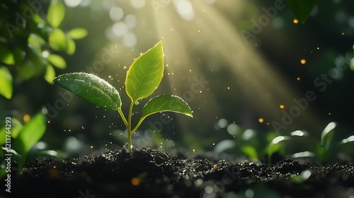 A tree emerging from the soil with bright green leaves gently swaying in the breeze photo