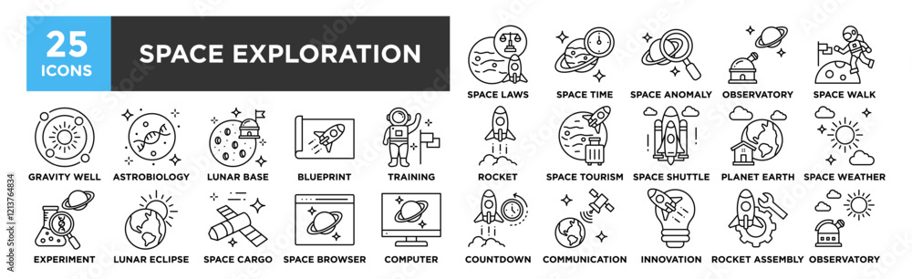 Space Exploration icon collection set. Containing design Space Time, Space Laws, Space Anomaly, Space Observatory, Space Walk Space Exploration icon collection set. Containing design Space Time, Space Laws, Space Anomaly, Space Observatory, Space Walk