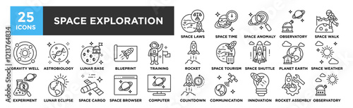 Space Exploration icon collection set. Containing design Space Time, Space Laws, Space Anomaly, Space Observatory, Space Walk