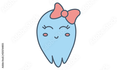 Cute cartoon ghost, friendly smiley spirit face. Blue baby friend. Funny kids toy, vector logo, illustration.