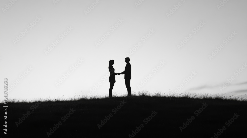 Silhouette of a couple holding hands at sunset on a hill. Silhouette of a couple holding hands at sunset on a hill.