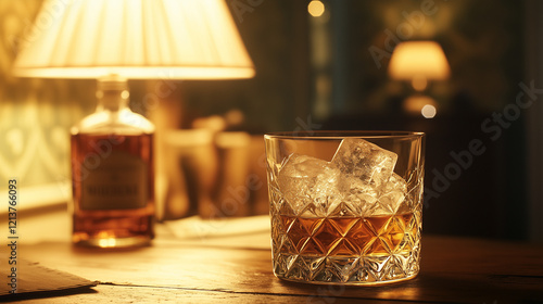 International Whiskey Day, crystal glass filled with golden colored whiskey with big ice cubes, Ai generated images  photo