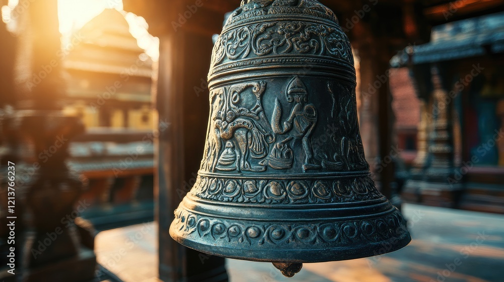 Sunlight falling on an Indian temple bell with intricate carvings. Sunlight falling on an Indian temple bell with intricate carvings.