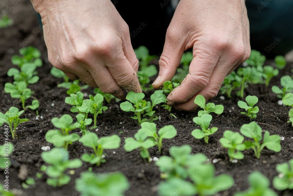 Hands planting seedlings in garden bed, spring Hands planting seedlings in garden bed, spring