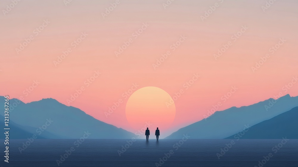 Silhouetted figures walk towards a large sun setting behind hazy mountains. Silhouetted figures walk towards a large sun setting behind hazy mountains.