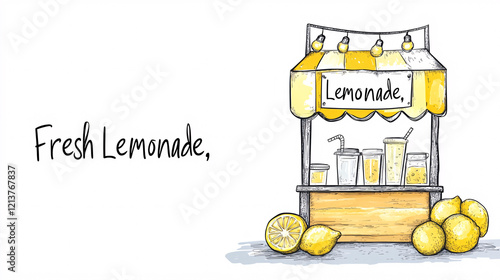 hand drawn sketch of a summer lemonade stand with yellow lemons and cups of lemonade  on a white background