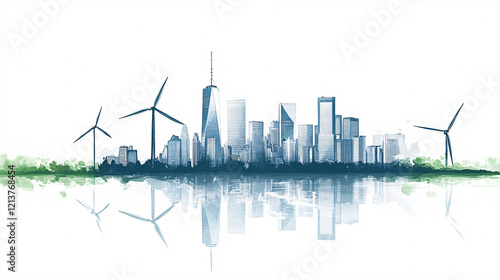 blue and green watercolor city skyline with wind turbines reflecting in the water