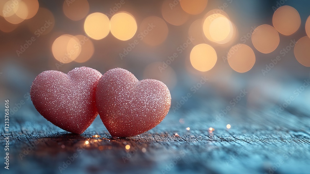 Obraz premium Assorted pink heart decorations elegantly arranged on a rustic wooden table with soft defocused bokeh background, perfect for love and valentine's day concepts