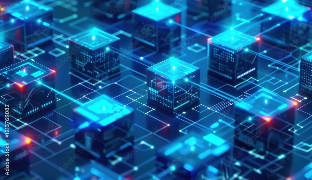 A blue isometric view with glowing connections between cubes and blocks. A blue isometric view with glowing connections between cubes and blocks.
