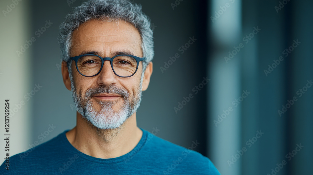 Obraz premium Close-up photo of a distinguished man with gray hair and glasses wearing a blue shirt. The image emphasizes confidence and calmness in his expression with a clean and neutral indoor background.