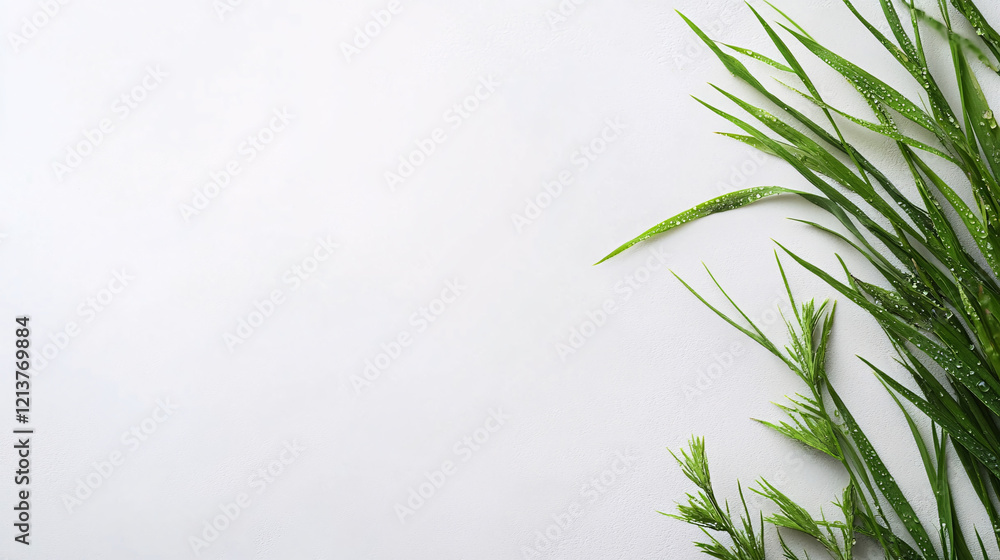Naklejka premium white background with green greenery and water drops