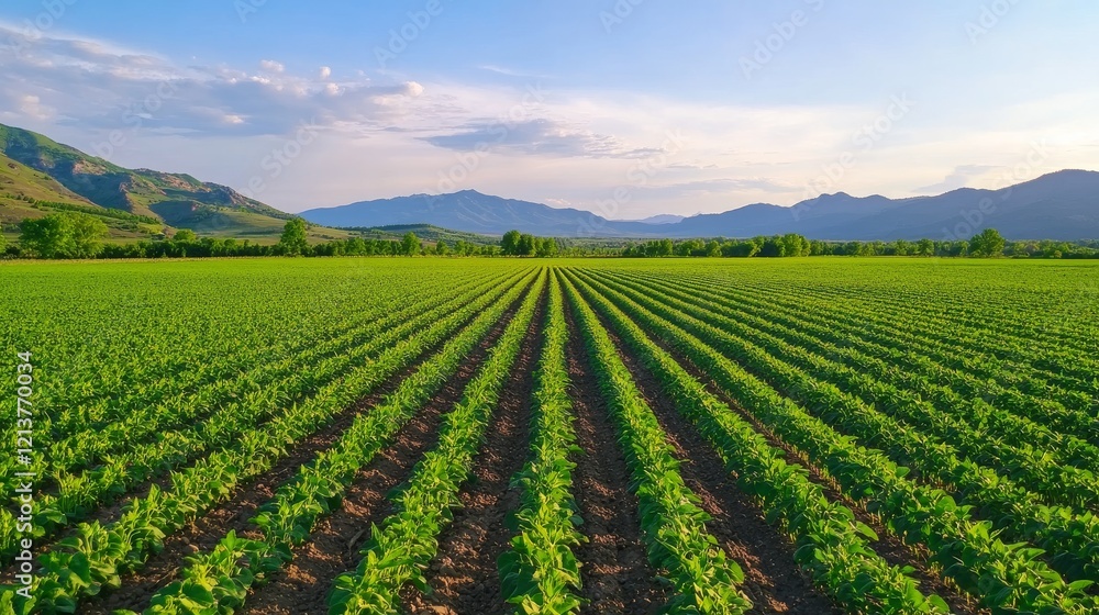 Lush green field rows, mountain backdrop, farmland agriculture, sunset, rural landscape, ideal for agriculture or environmental campaigns Lush green field rows, mountain backdrop, farmland agriculture, sunset, rural landscape, ideal for agriculture or environmental campaigns
