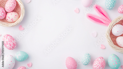 pastel pink and blue easter eggs in white wicker baskets with bunny ears and hearts on white background