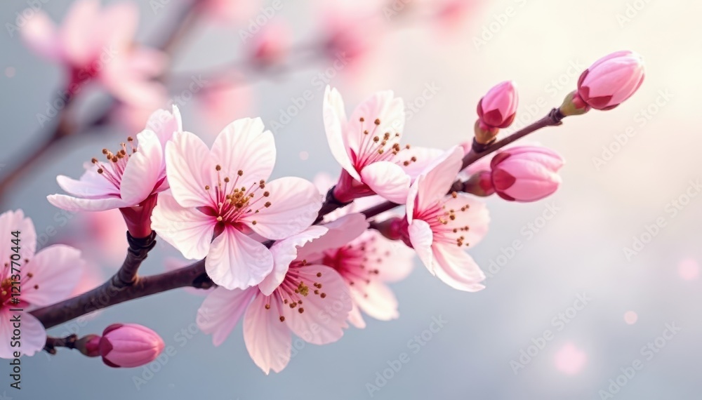 Obraz premium Delicate watercolor almond branch, blossoms in soft pink and white hues , painting, photography