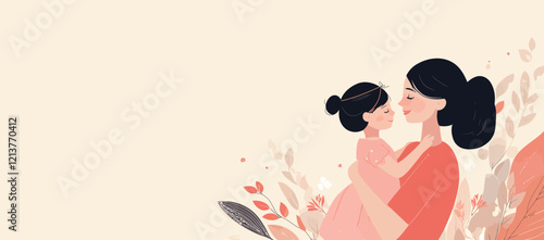 Mom hugs her daughter. Motherhood, parenthood. Woman with child. Mother's day banner, card. Vector cartoon illustration in flat style.Banner with space for text