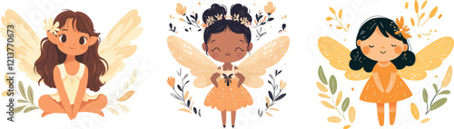 Cute fairy girl with wings, baby print.Simple cartoon flat illustration