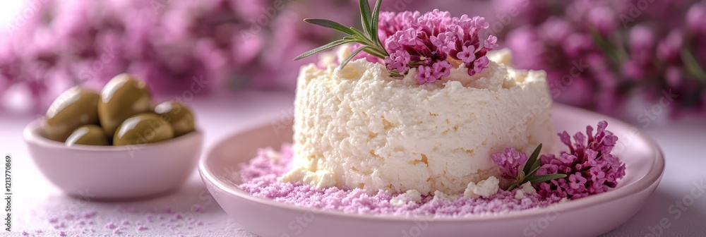Elegant Creamy Dessert with Lilac Garnish and Olives Elegant Creamy Dessert with Lilac Garnish and Olives