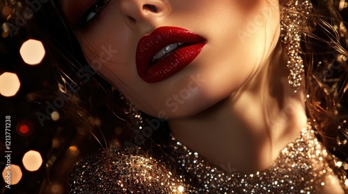 Close-up woman's red lips, party lights, glam dress