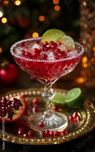 A festive Pomegranate Margarita served in a crystal-clear glass, with a lush red hue, sprinkled with pomegranate arils and lime slices, placed on a gold trimmed plate photo