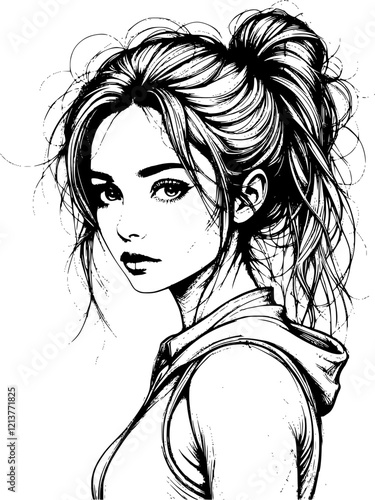 Vector black and white drawing of a beautiful young woman with a disheveled hairstyle and in sportswear. Portrait of a modern girl. EPS 10 version.
