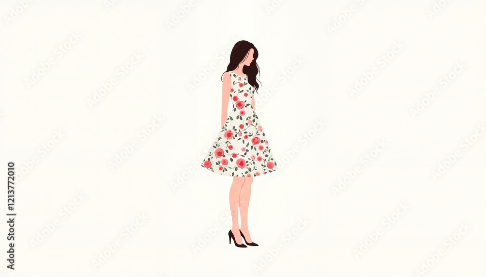 Fashionable Woman in Stunning Floral Dress and Black Heels on White Background, Elegant Pose Fashionable Woman in Stunning Floral Dress and Black Heels on White Background, Elegant Pose
