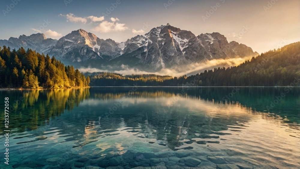 Impressive summer sunrise on Eibsee lake with Zugspitze mountain range. Sunny outdoor scene in German Alps, Bavaria, Germany, Europe. Beauty of nature concept background. Impressive summer sunrise on Eibsee lake with Zugspitze mountain range. Sunny outdoor scene in German Alps, Bavaria, Germany, Europe. Beauty of nature concept background.