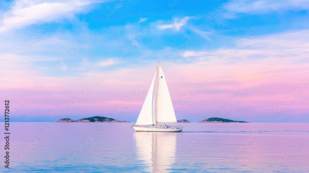 Obraz premium Sailboat sunset sea islands peaceful travel postcard