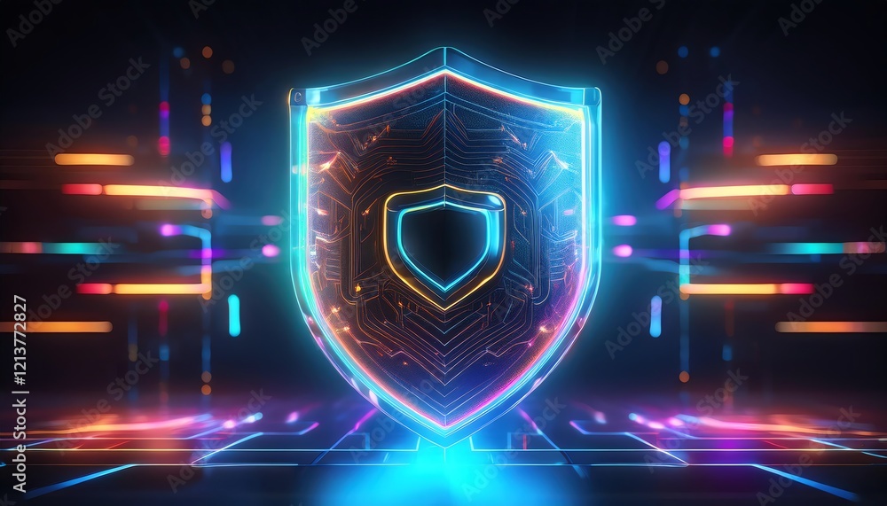 A glowing, futuristic shield symbolizing cybersecurity and protection against digital threats in a vibrant, colorful environment. A glowing, futuristic shield symbolizing cybersecurity and protection against digital threats in a vibrant, colorful environment.