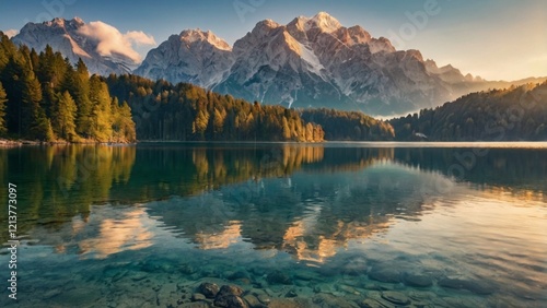 Impressive summer sunrise on Eibsee lake with Zugspitze mountain range. Sunny outdoor scene in German Alps, Bavaria, Germany, Europe. Beauty of nature concept background.