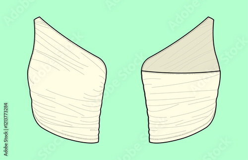 Women one shoulder crop top with front and back flat sketch outline.