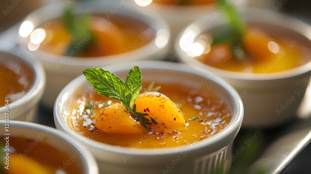 Elegant persimmon creme Brule with a golden, caramelized top, served in small ramekins with a fresh mint garnish Elegant persimmon creme Brule with a golden, caramelized top, served in small ramekins with a fresh mint garnish