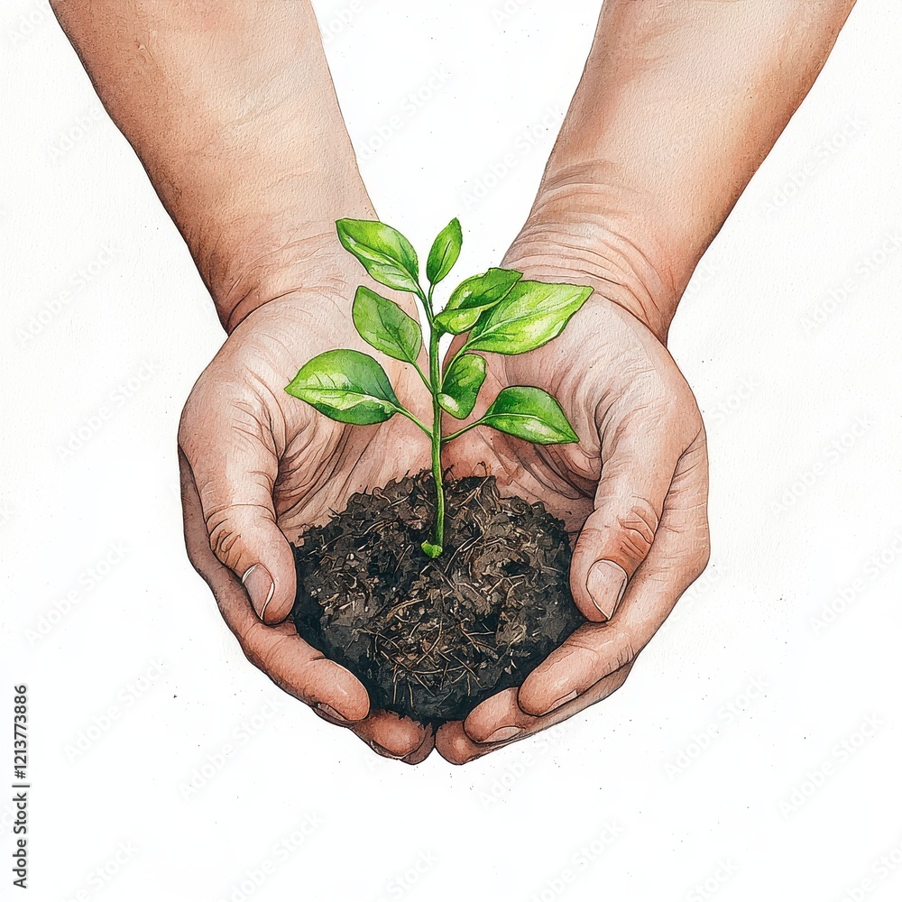 Hands Holding a Small Green Plant with Soil Isolated on White Hands Holding a Small Green Plant with Soil Isolated on White