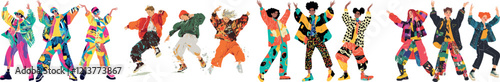 Group of teenage friends dancing in fun and happiness, friends, vector teenagers dancing with notes.