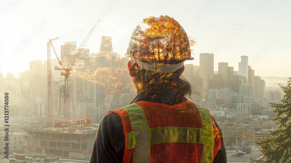 Fototapeta premium Construction Worker Overlooking Cityscape with Double Exposure Effect