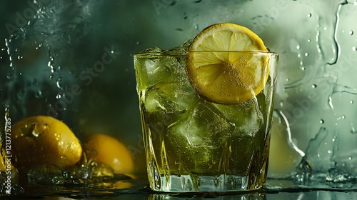 Matcha and lemon iced tea in elegant glassware, garnished with a lemon wheel, refreshing summer vibe