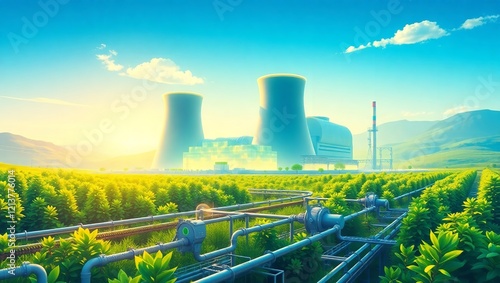 Nuclear Power Plant at Dusk: A Landscape of Energy and Industry photo