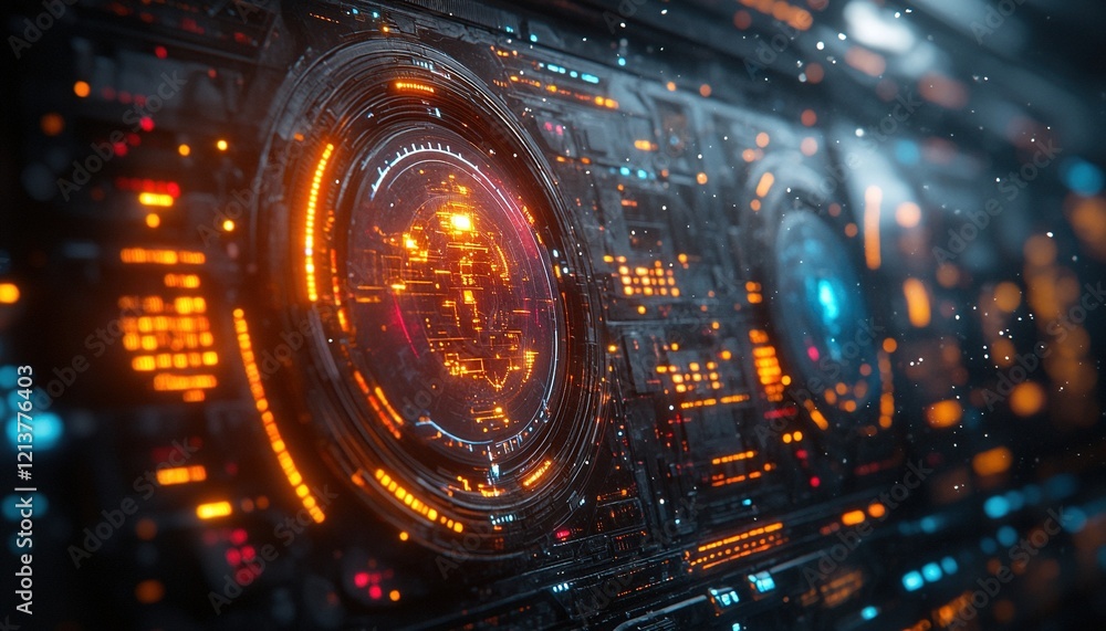 Obraz premium Spaceship control panel with glowing lights and digital data stream