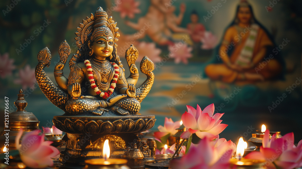 Obraz premium A beautiful Matsya statue, with fish body parts decorated with gold scales and traditional ornaments, placed on an altar full of lotus flowers and oil lamps, Ai generated images