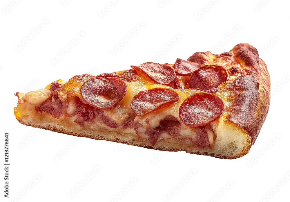 Slice of pepperoni pizza with melted, gooey cheese isolated Slice of pepperoni pizza with melted, gooey cheese isolated