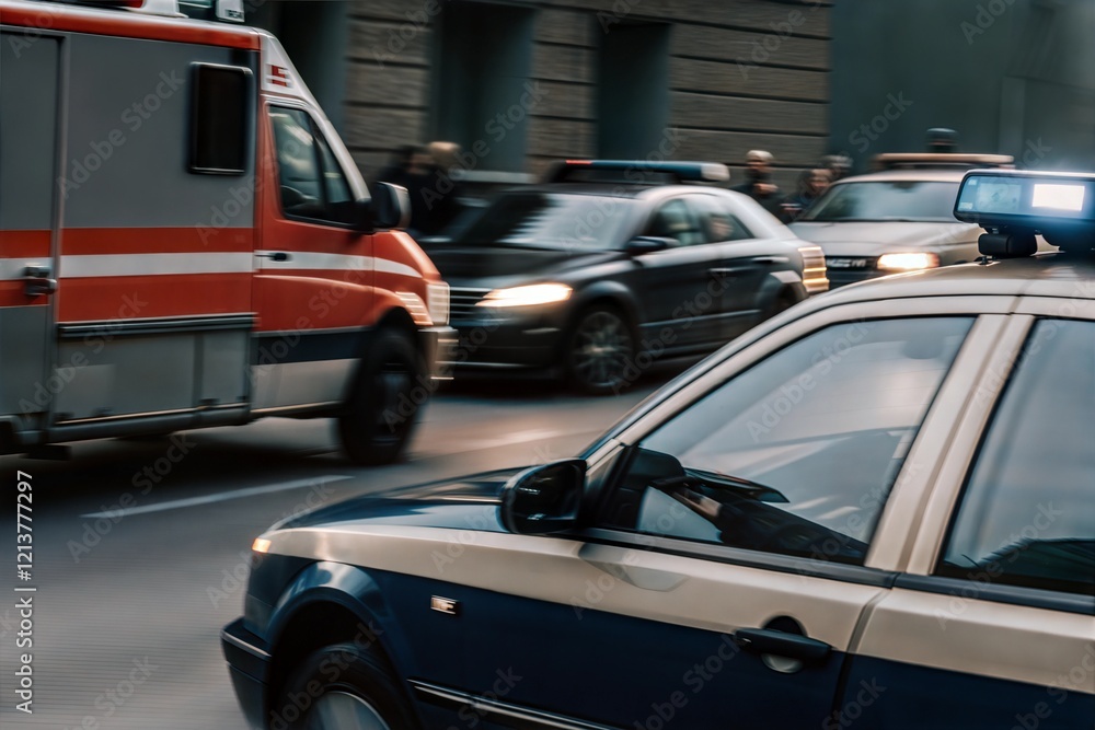 Police car and ambulance in city traffic Police car and ambulance in city traffic