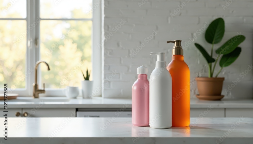 Sleek minimalist bottles on modern countertop , top view, arrangement